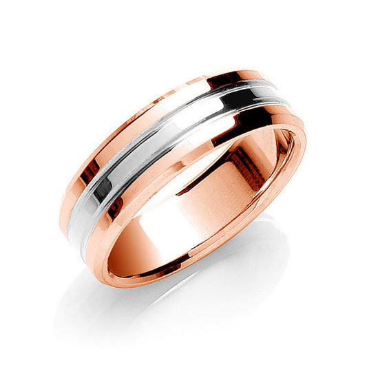 9ct rose gold and white gold wedding band from J R Jewellery with a polished smooth finish