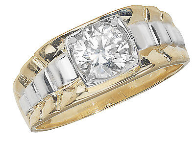 9ct two tone gold gents ring featuring a large central sparkling diamond with a unique band design