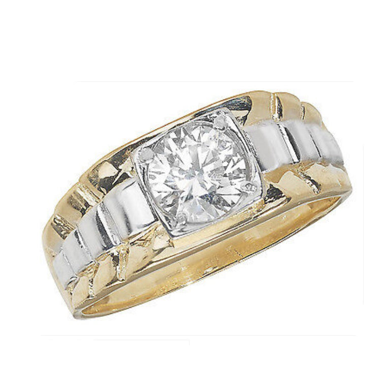 9ct two tone gold gents ring featuring a central sparkling clear gemstone with detailed band design