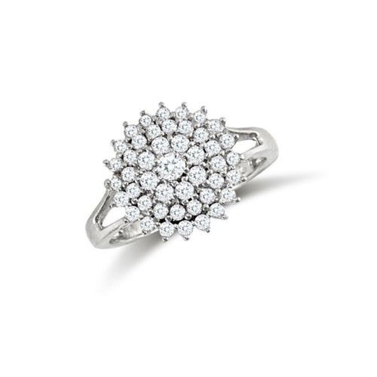 9ct white gold cluster ring with multiple sparkling diamonds in a floral design