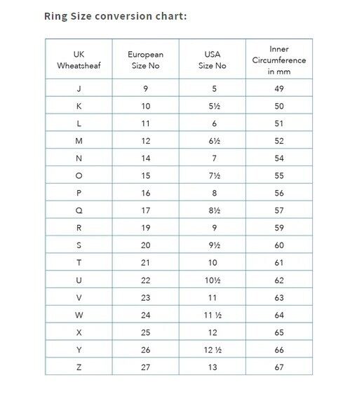 Ring size conversion chart showing UK, European, USA sizes and inner circumference in millimetres for 9ct white gold diamond gents ring