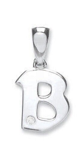 J R Jewellery 9ct white gold diamond initial pendant in letter B design with single diamond detail