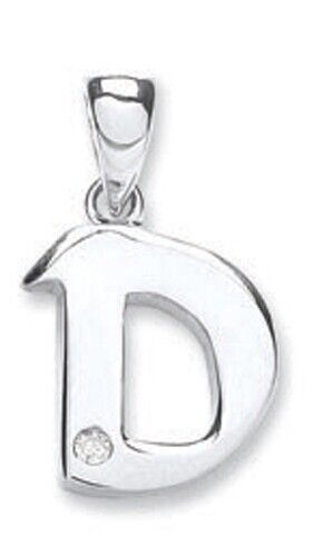 9ct white gold diamond initial pendant featuring a polished letter D with a small diamond accent