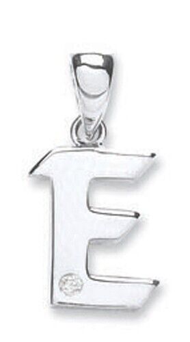 9ct white gold diamond initial pendant letter E with single diamond detail by J R Jewellery
