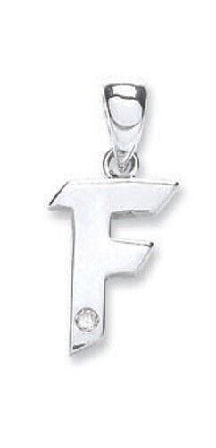 9ct white gold diamond initial pendant letter F with single diamond stone by J R Jewellery