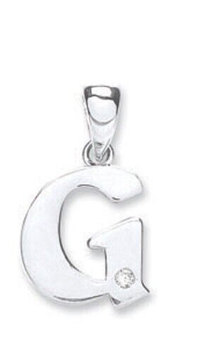 J R Jewellery 9ct white gold diamond initial pendant in the shape of letter G with single diamond detail