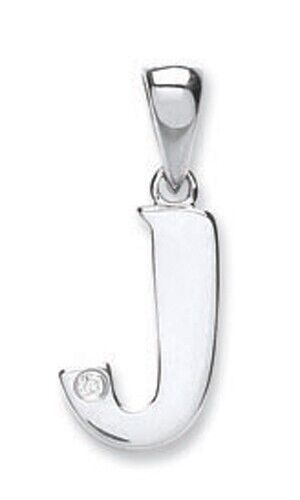 9ct white gold diamond initial pendant letter J with single diamond embellishment