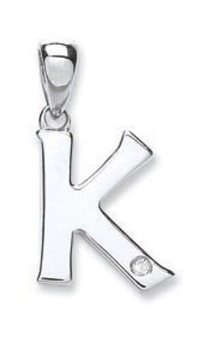 9ct white gold diamond initial pendant letter K with single diamond stone by J R Jewellery