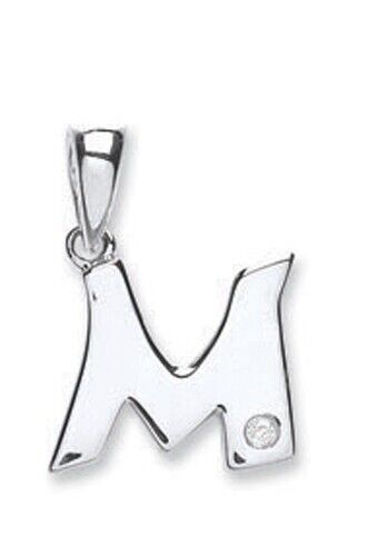9ct white gold diamond initial pendant in the shape of letter M with single diamond detail
