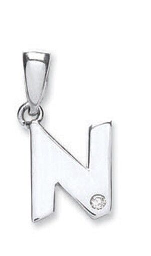 9ct white gold diamond initial pendant featuring the letter N with a small diamond detail