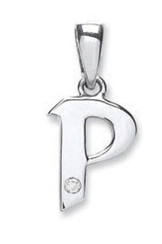 J R Jewellery 9ct white gold diamond initial pendant letter P with single diamond detail