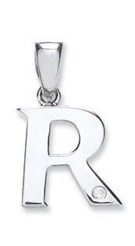 9ct white gold diamond initial pendant letter R from J R Jewellery with a small diamond detail