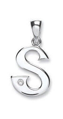 9ct white gold diamond initial pendant shaped as letter S with a small diamond detail