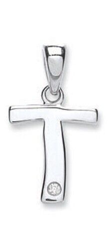 9ct white gold diamond initial pendant shaped as letter T with a single diamond detail