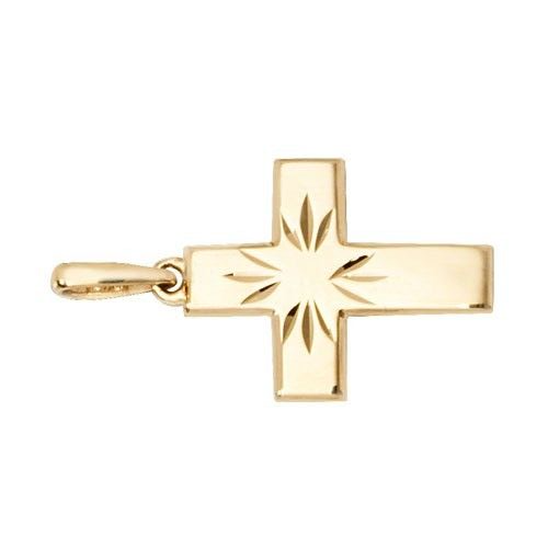 9ct yellow gold cross pendant with engraved starburst design by J R Jewellery