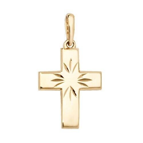 J R Jewellery 9ct yellow gold cross pendant with engraved starburst design