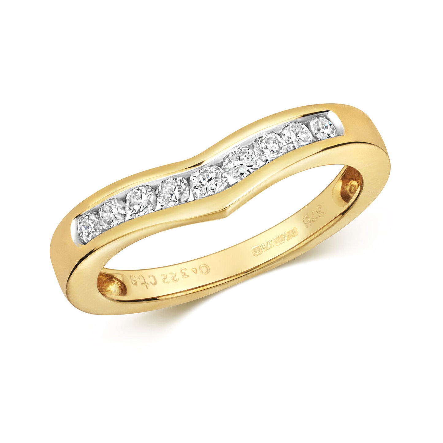 9ct yellow gold diamond wishbone ring from J R Jewellery with channel set sparkling diamonds