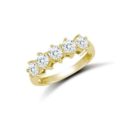 9ct yellow gold five stone ring with sparkling round clear gemstones from J R Jewellery