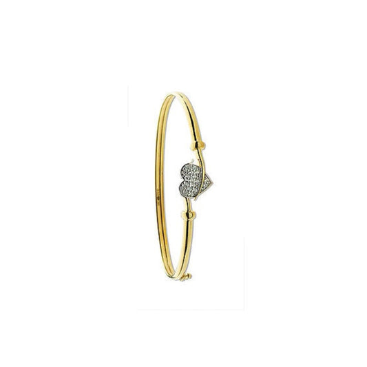 J R Jewellery 9ct yellow gold heart bangle with diamond-encrusted heart centerpiece