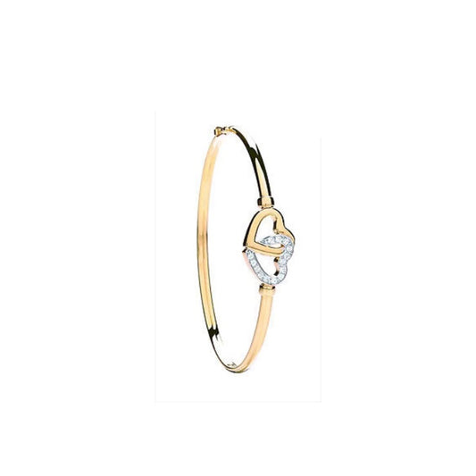 J R Jewellery 9ct yellow gold heart bangle with intertwined heart design and diamond accents
