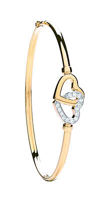 J R Jewellery 9ct yellow gold heart bangle with diamond-accented intertwined heart design