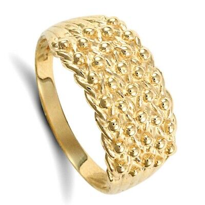 9ct yellow gold keeper ring by J R Jewellery with textured beaded design and polished finish