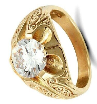 9ct yellow gold men's solitaire ring with intricate engraved design and large clear gemstone