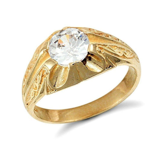 9ct yellow gold men's solitaire ring with intricate engraved detailing and a central clear gemstone