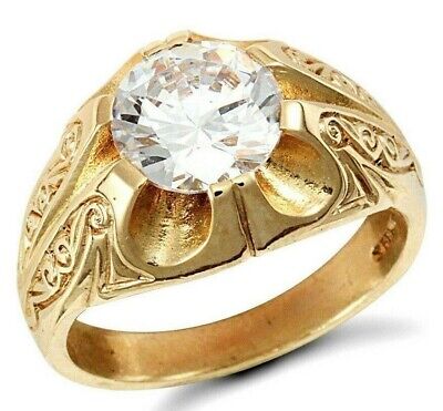 9ct yellow gold men's solitaire ring by J R Jewellery with intricate detailing and large clear central stone