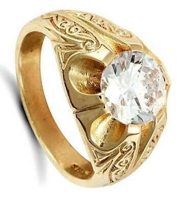 9ct yellow gold men's solitaire ring with intricate engraved design and large central clear stone