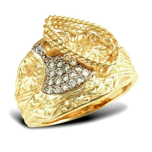 J R Jewellery 9ct yellow gold saddle ring with intricate detailing and sparkling stones