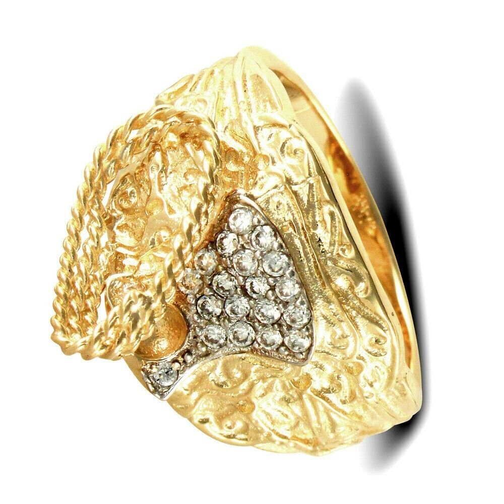 9ct yellow gold saddle ring by J R Jewellery with intricate design and embedded clear stones