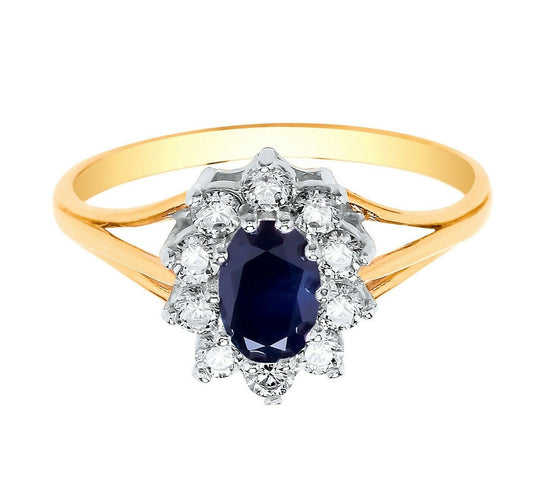 J R Jewellery 9ct yellow gold sapphire ring with oval blue sapphire and surrounding diamonds
