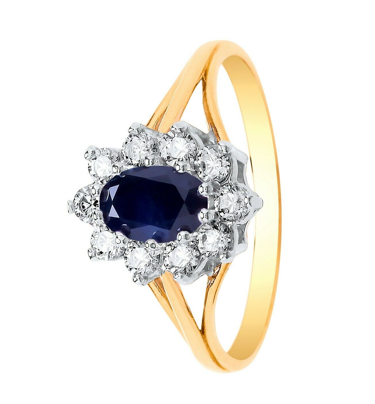 J R Jewellery 9ct yellow gold sapphire ring with oval blue sapphire and surrounding white diamonds