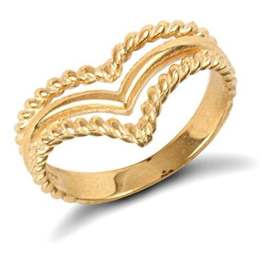 J R Jewellery 9ct yellow gold wishbone ring with twisted rope design and polished finish