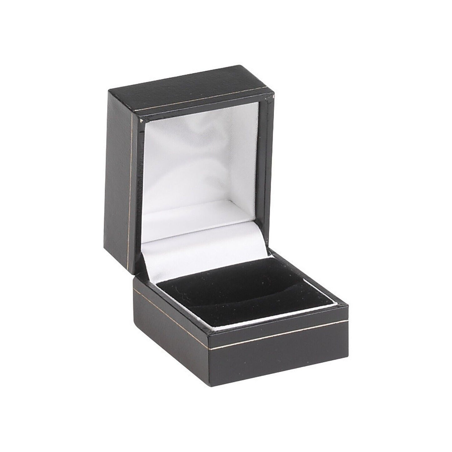 Black jewellery box with white cushioned interior for 9ct yellow gold wishbone ring display