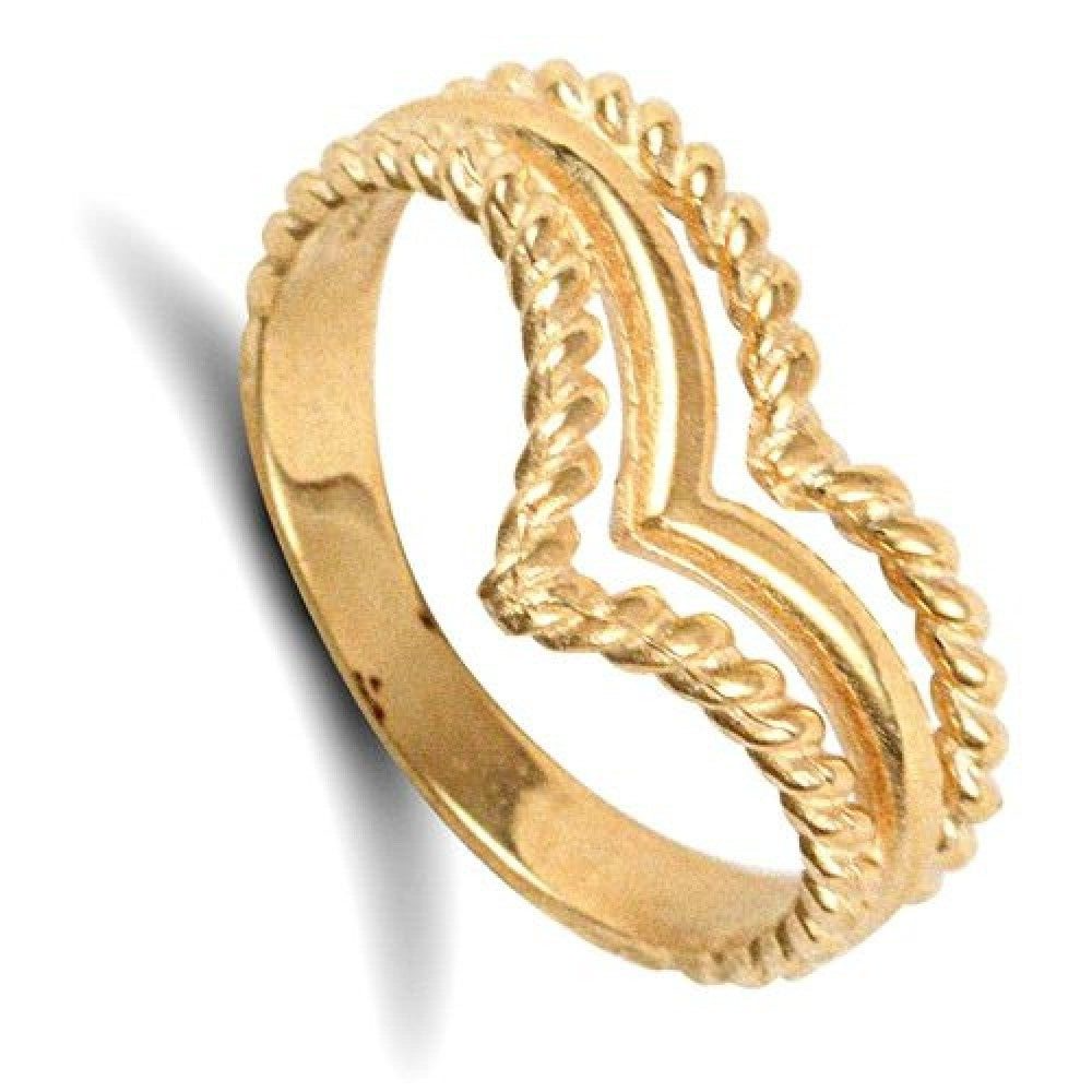 9ct yellow gold wishbone ring with twisted rope design from J R Jewellery