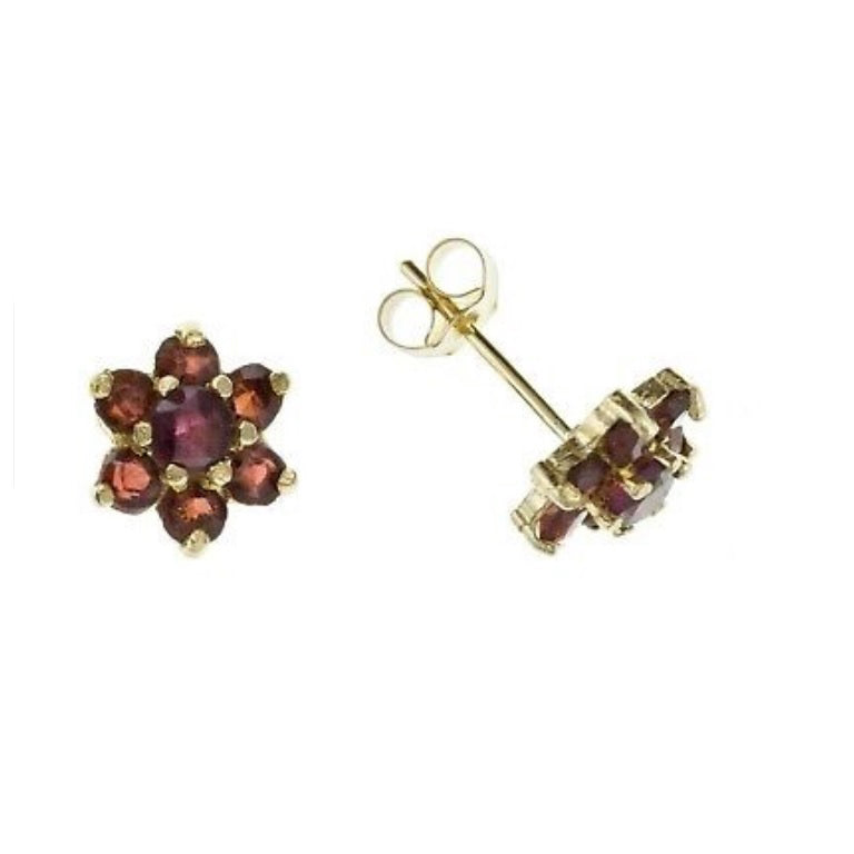 9ct Gold Garnet Earrings Cluster Stud Yellow Gold January Birthstone