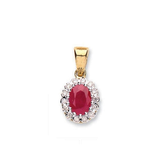 9ct Yellow Gold Ruby and Diamond Oval Pendant and Chain
