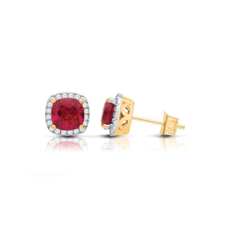 Ruby Cushion Cluster Stud Earrings Solid 9ct Yellow Gold Hallmarked