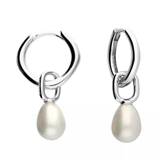 Sterling Silver Pearl Bomb Huggie Hoop Drop Earrings 925 Hallmark