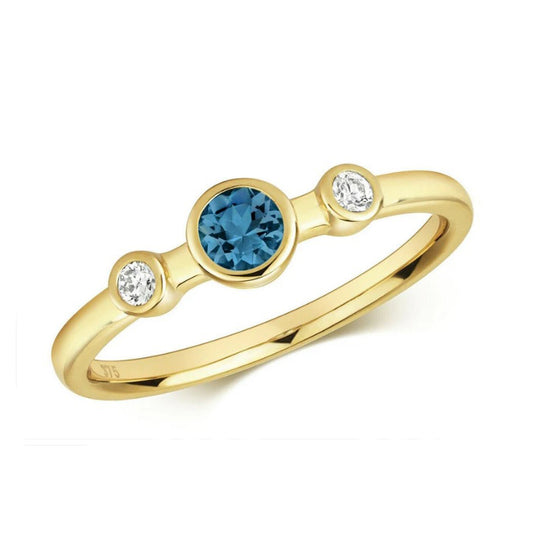 Real London Blue Topaz and Diamond Ring Solid Yellow Gold Three Stone