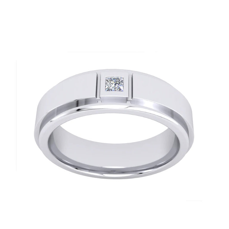 Gents Single Stone Wedding Band Ring Platinum Plated Solid Sterling Silver 925