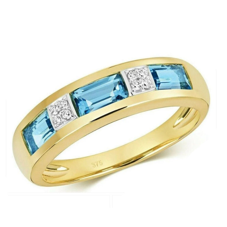 Real Blue Topaz and Diamond Eternity Ring Solid Yellow Gold Emerald Cut Band