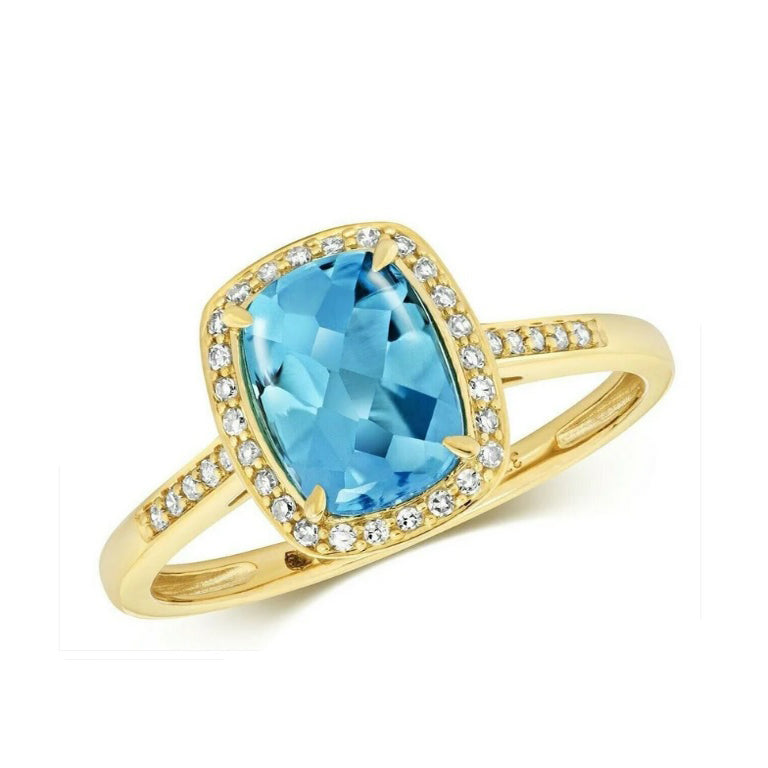 9ct Yellow Gold Swiss Blue Topaz and Diamond Ring Cushion Cluster Size JKLMNOPQ