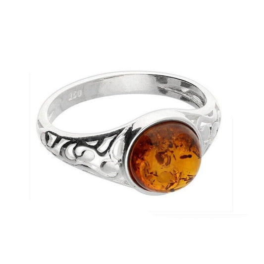 Cognac Amber Ring With Swirl Cut Out Shoulders Solid Sterling Silver 925
