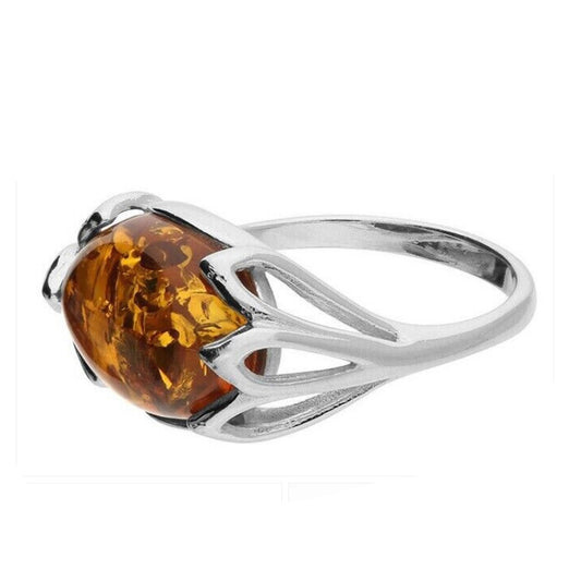 Oval Cognac Amber Sunflower Ring Solid Sterling Silver 925 Brand New