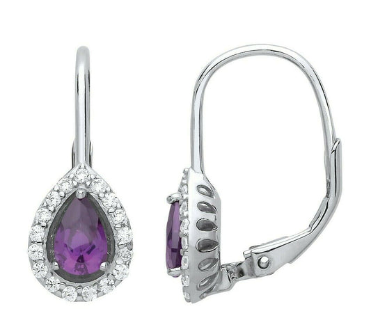 J R Jewellery amethyst hoop drop earrings with pear-shaped purple amethyst and surrounding white stones