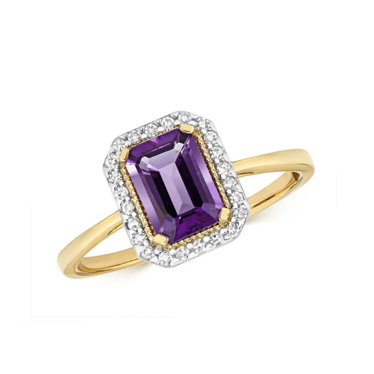 Real Amethyst and Diamond Ring Solid Yellow Gold Emerald Cut Cluster Size J - Q
