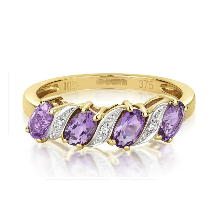 Real Amethyst and Diamond Eternity Ring Solid Yellow Gold Band Size J - Q